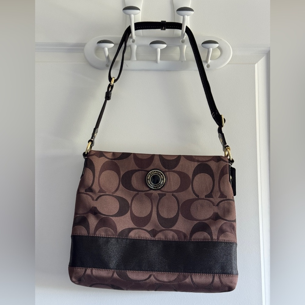 Coach‎ Signature Brown And Black Crossbody Bag With Leather Trim - Picture 3 of 13